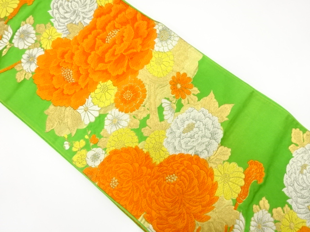 JAPANESE KIMONO / ANTIQUE FUKURO OBI / SILK / WOVEN FLORAL CART